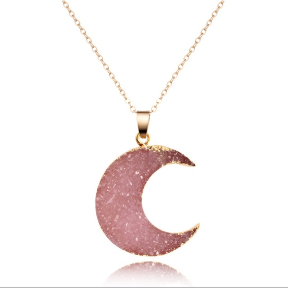 AntoniaV Jewelry - Faux Pink Druzy Moon-shaped, gold plated necklace